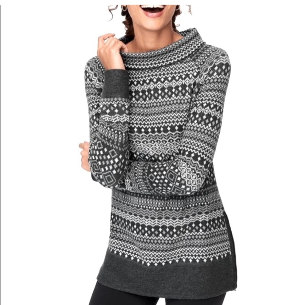 T by Talbots Grey Fair Isle Jacquard Funnel Neck Top XS